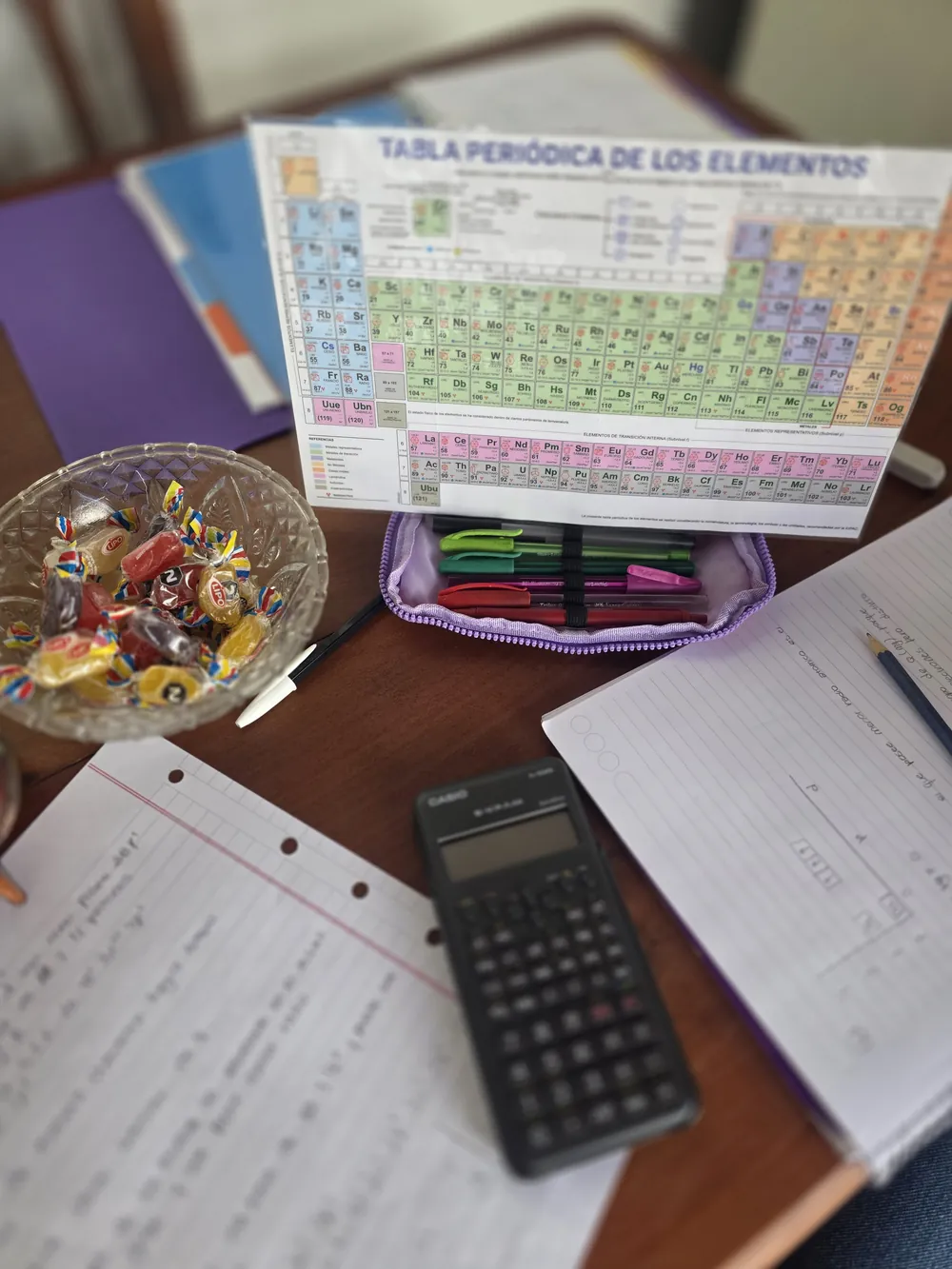 Mesa de estudio con tabla periódica, calculadora científica y apuntes manuscritos.